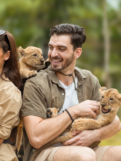 Visitors holding lion cubs at Lion Land Phuket.