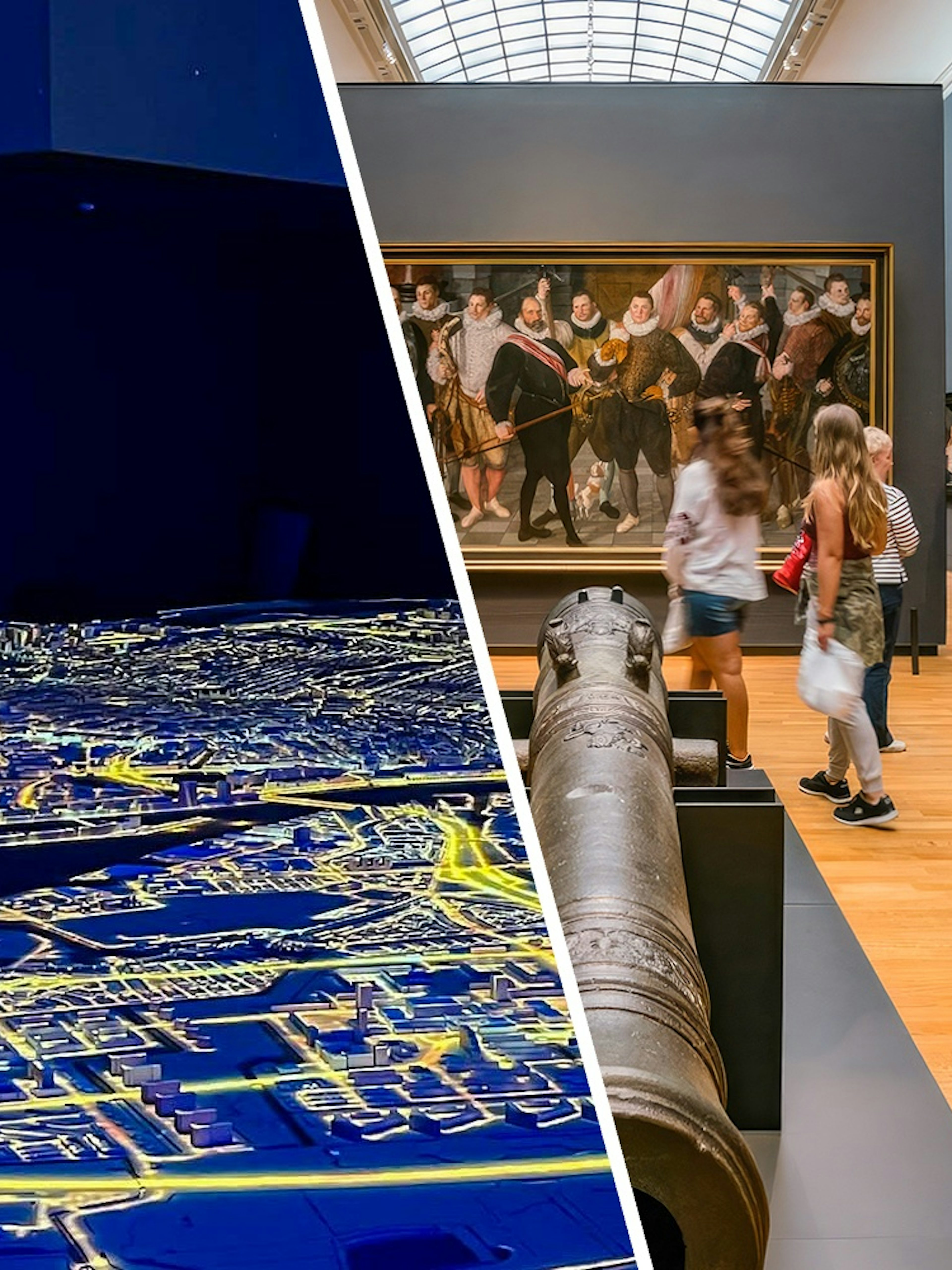 Amsterdam in Motion exhibit with city map and visitors at Rijksmuseum gallery.