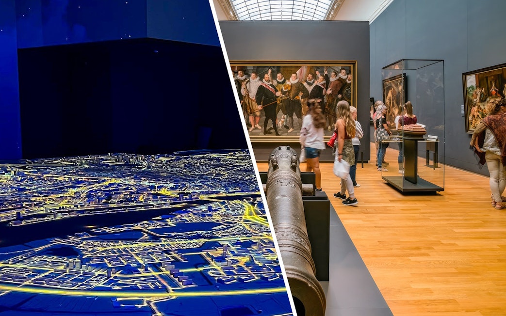Amsterdam in Motion exhibit with city map and visitors at Rijksmuseum gallery.