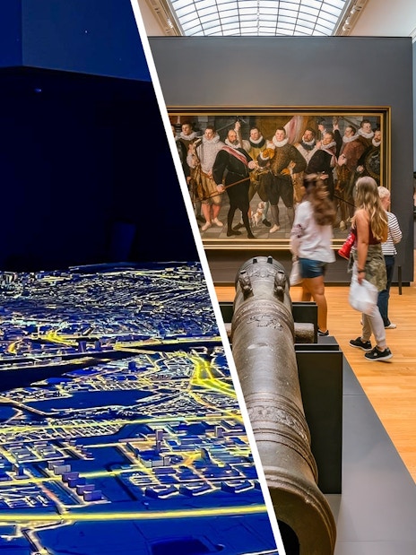 Amsterdam in Motion exhibit with city map and visitors at Rijksmuseum gallery.