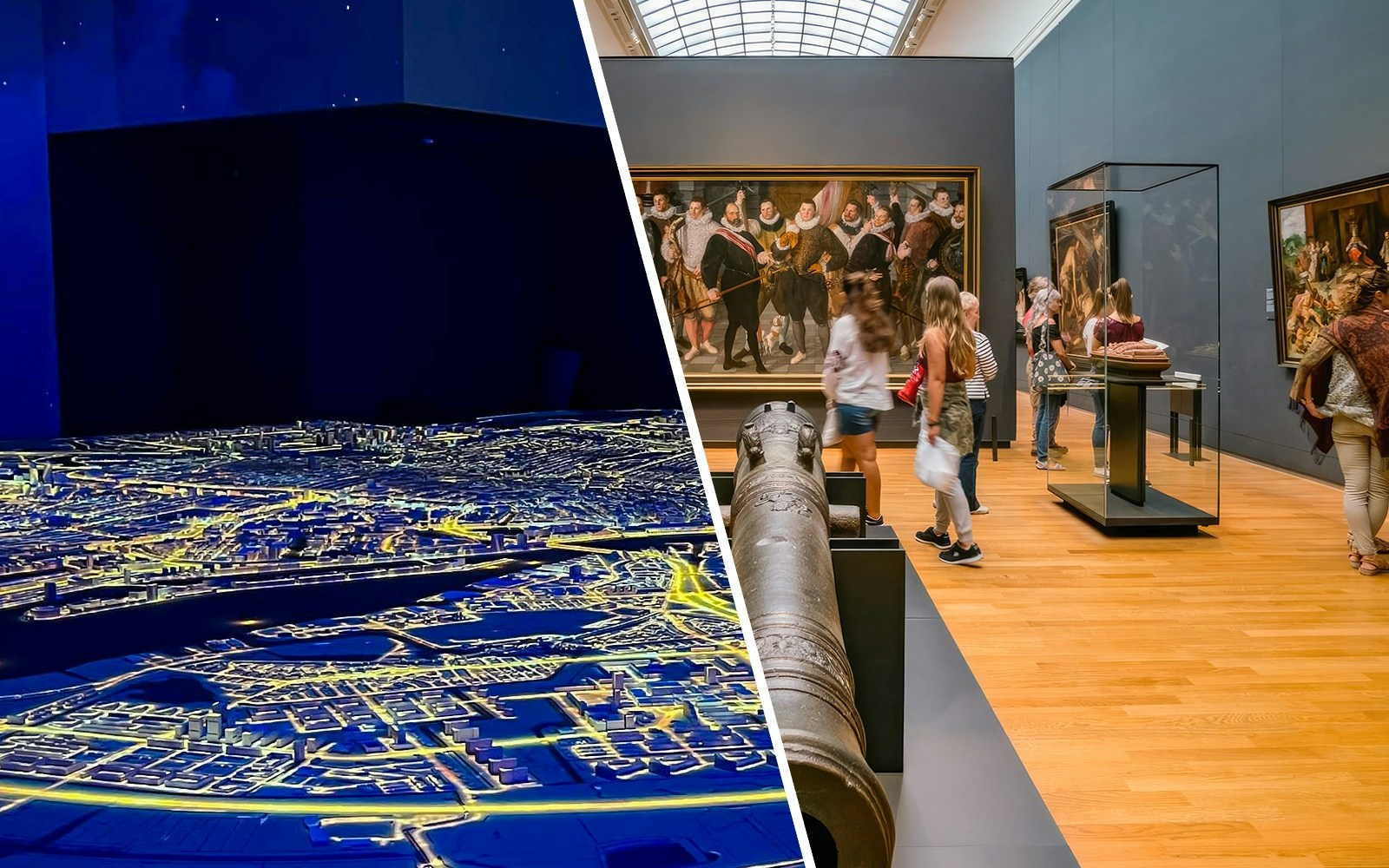 Amsterdam in Motion exhibit with city map and visitors at Rijksmuseum gallery.