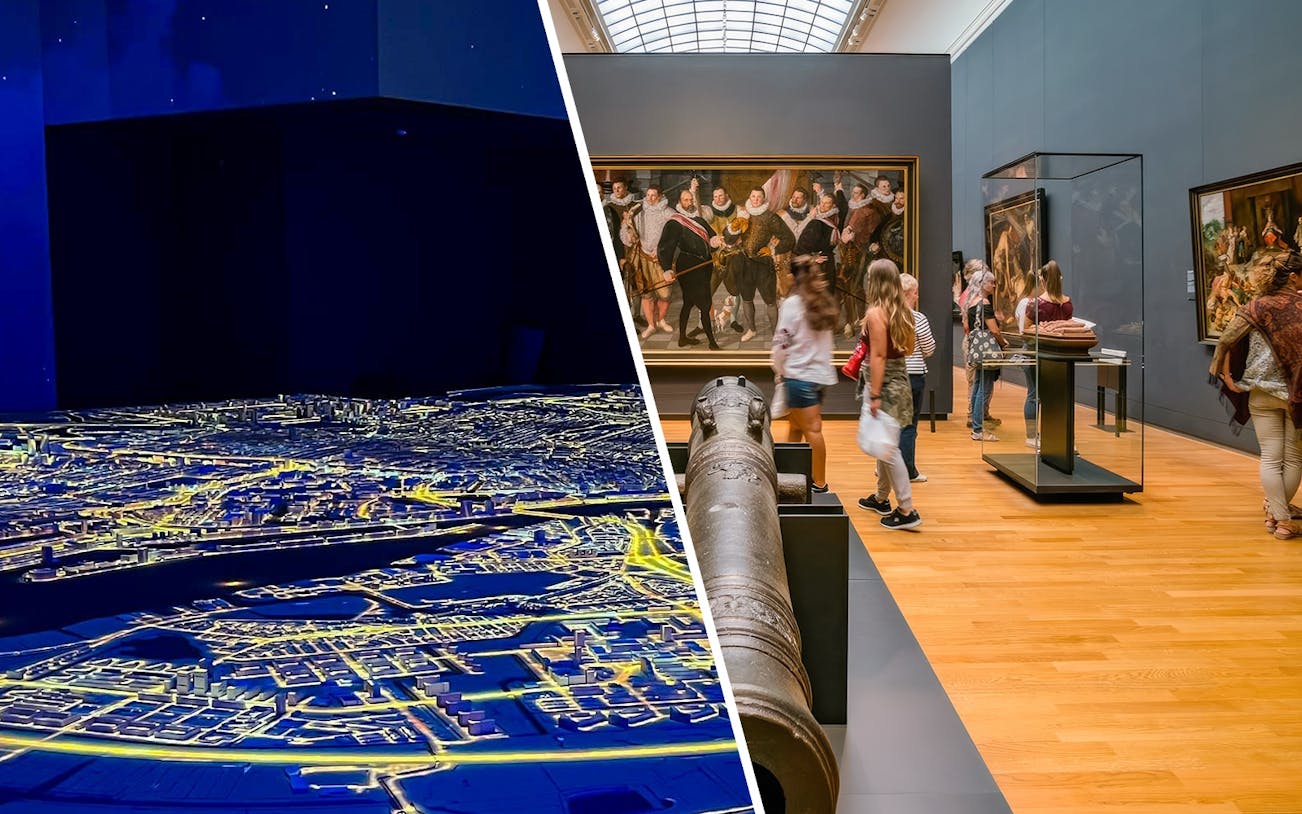 Amsterdam in Motion exhibit with city map and visitors at Rijksmuseum gallery.