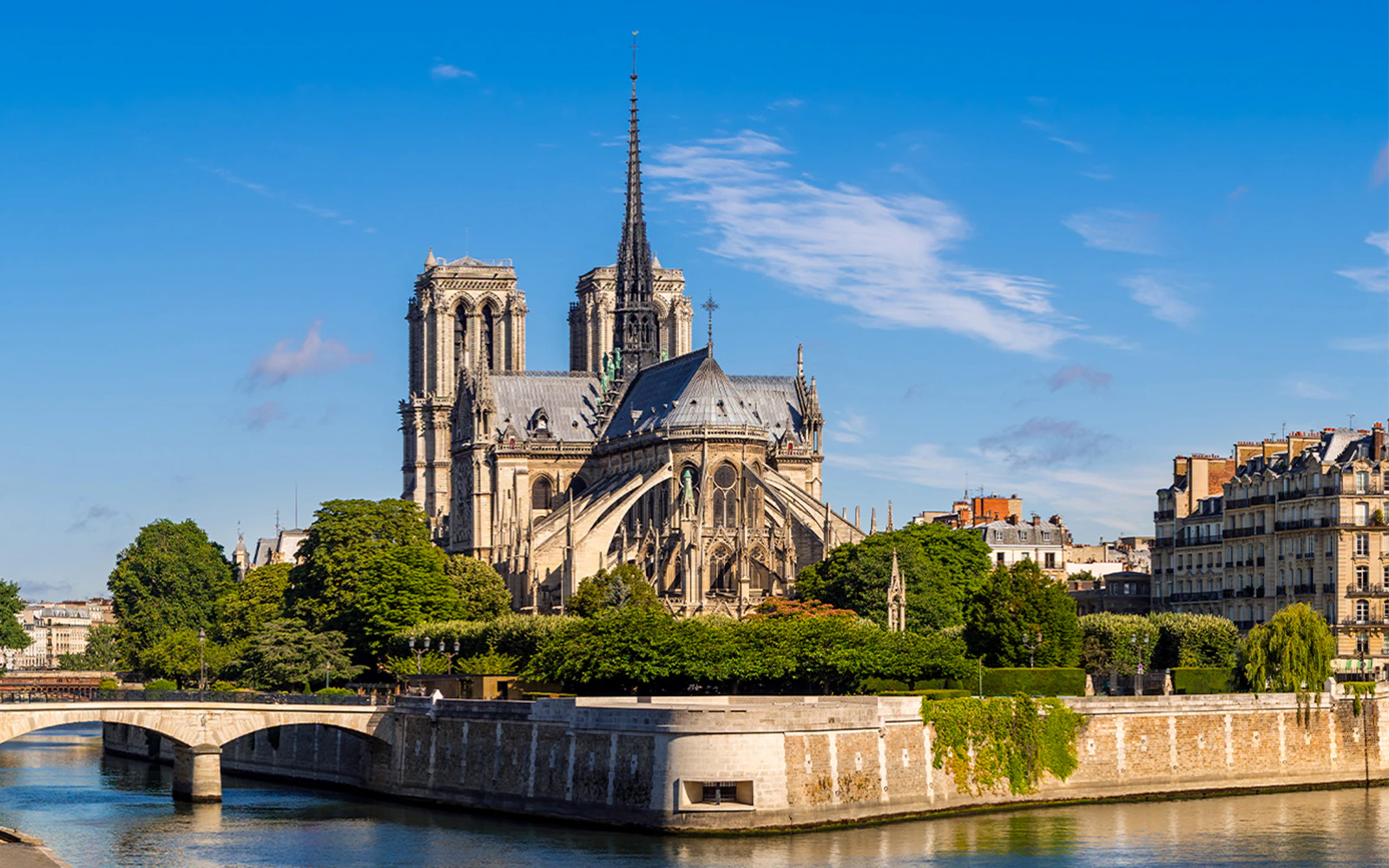 Notre-Dame Cathedral on Ile de la Cite, Paris, viewed from the Seine River.