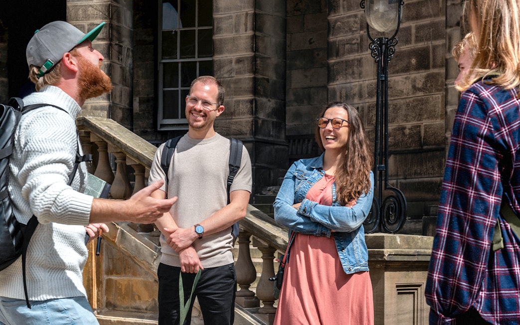 Group enjoying a guided Harry Potter walking tour in Edinburgh.