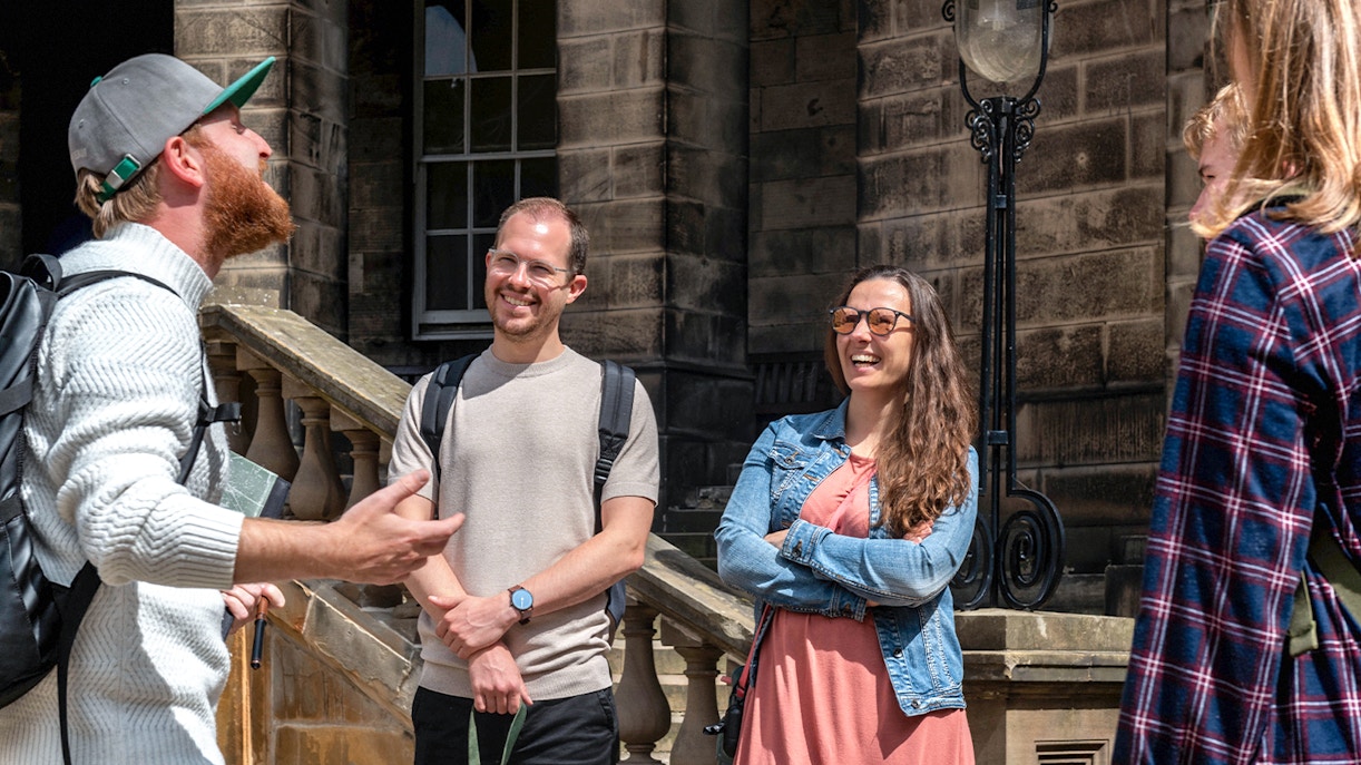 Group enjoying a guided Harry Potter walking tour in Edinburgh.