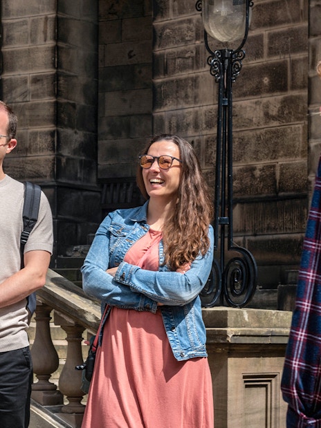 Group enjoying a guided Harry Potter walking tour in Edinburgh.