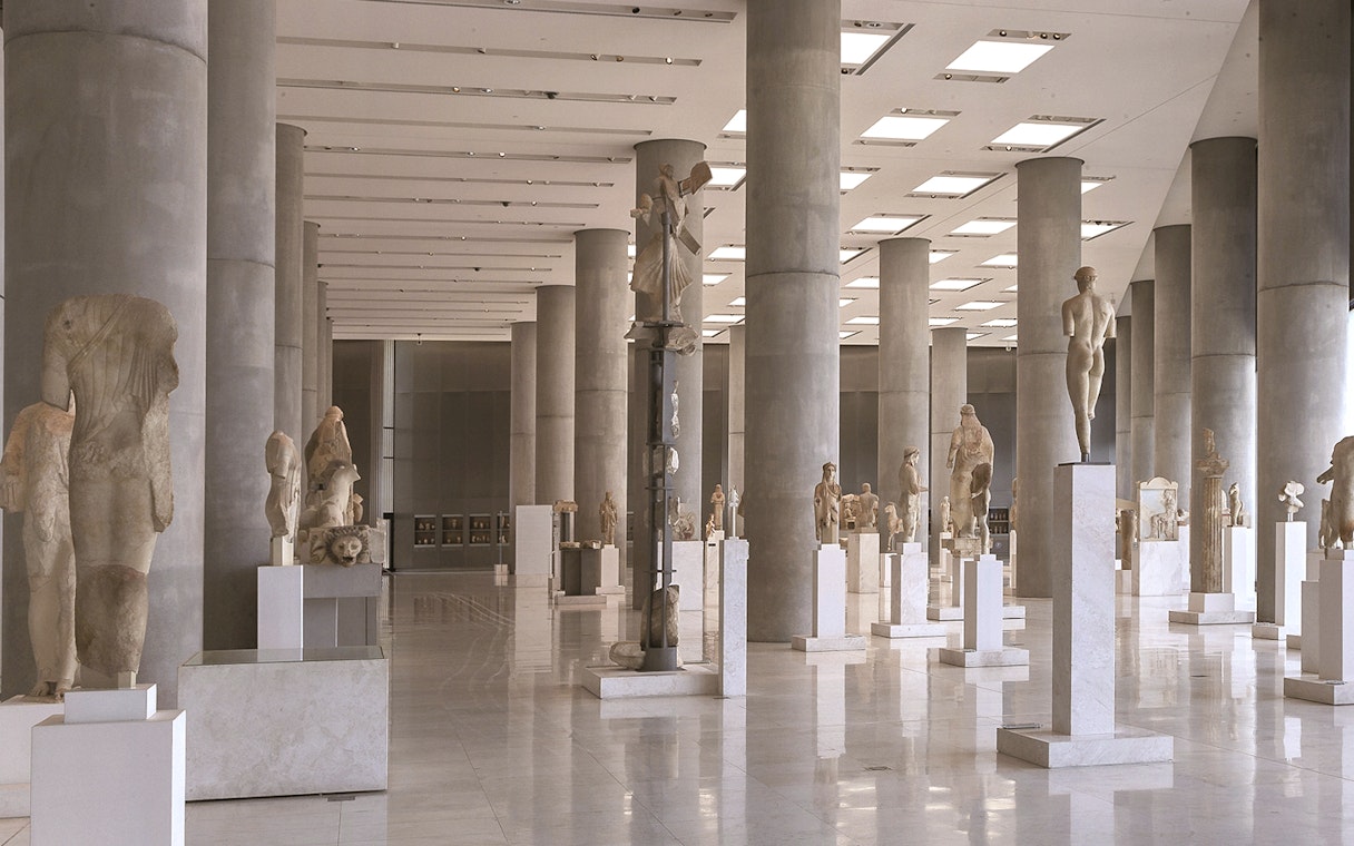 Statues displayed in the Acropolis Museum, Athens, Greece.