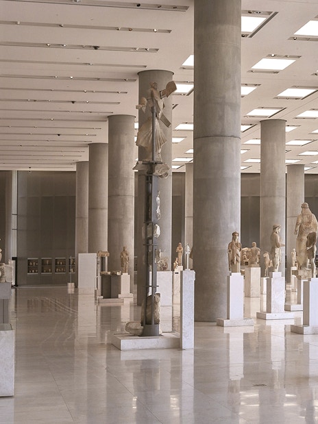 Statues displayed in the Acropolis Museum, Athens, Greece.