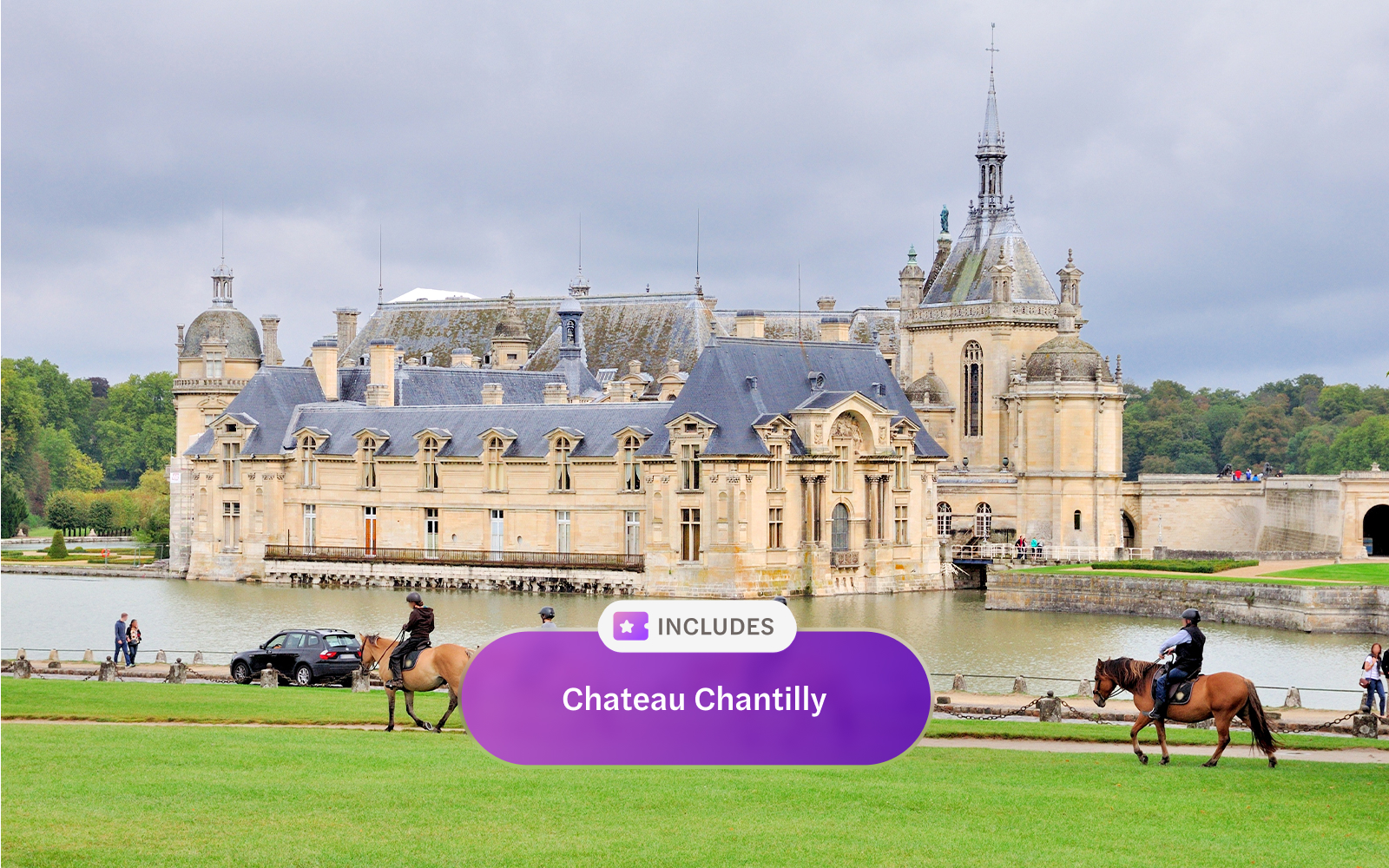 Chateau Chantilly with horse riders in front, included in Paris Museum pass.