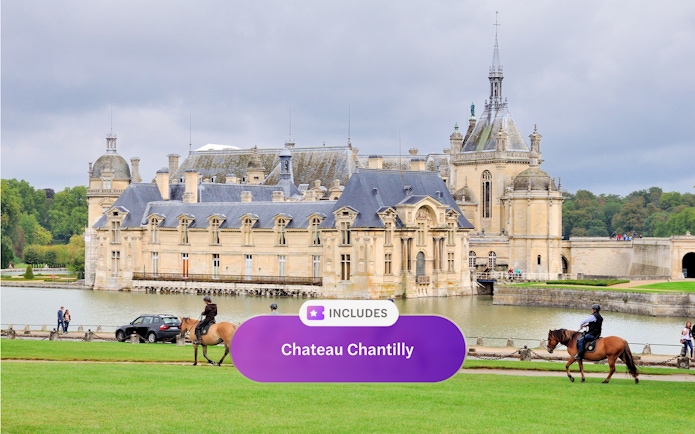 Chateau Chantilly with horse riders in front, included in Paris Museum pass.