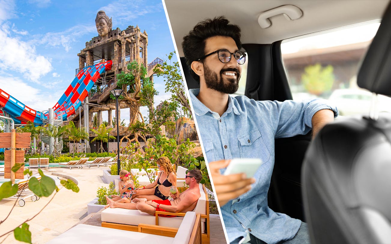 Andamanda Phuket Water Park with slides and lounging family, man in car with phone.