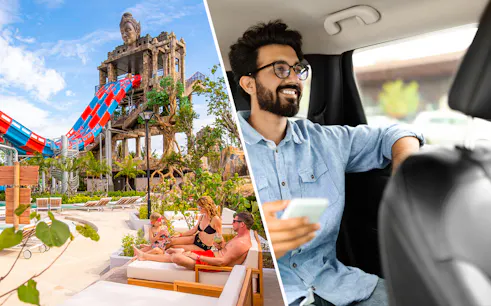 Andamanda Phuket Water Park with slides and lounging family, man in car with phone.