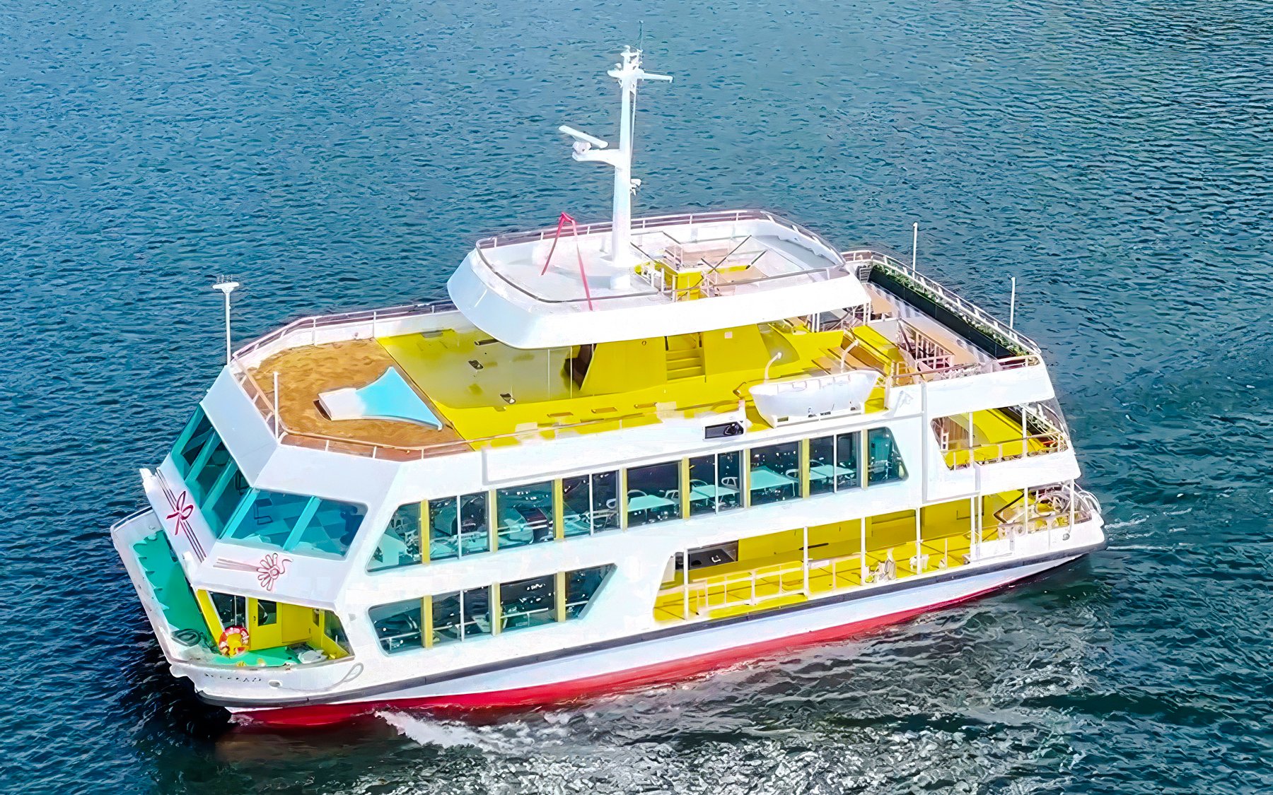 Aerial view of Hakone Sightseeing Cruise ship on Lake Ashi, Japan.