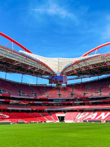 Benfica Stadium exterior with museum entrance in Lisbon, Portugal.