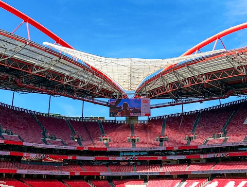 Benfica Stadium exterior with museum entrance in Lisbon, Portugal.