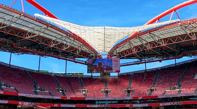 Benfica Stadium exterior with museum entrance in Lisbon, Portugal.