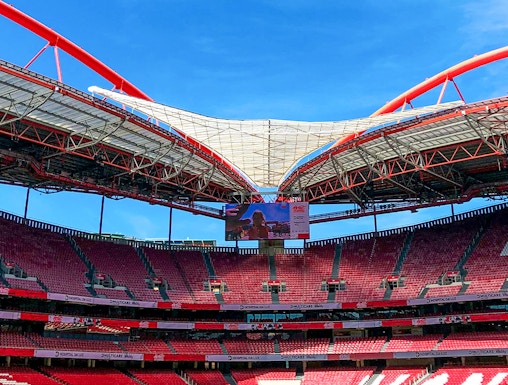 Benfica Stadium exterior with museum entrance in Lisbon, Portugal.