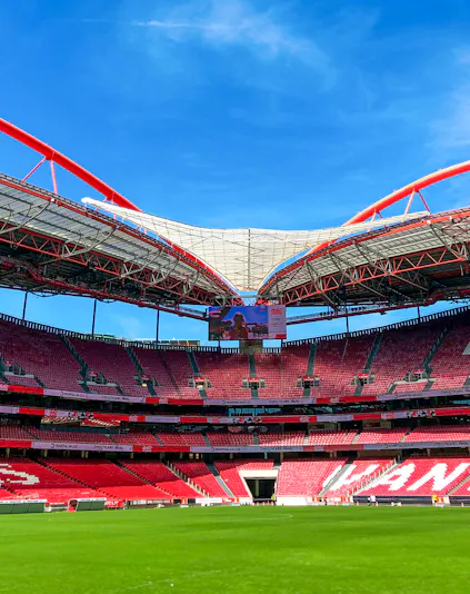 Benfica Stadium exterior with museum entrance in Lisbon, Portugal.