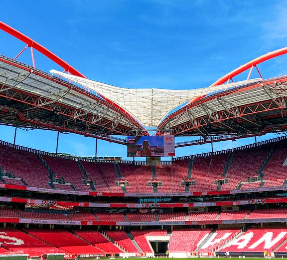 Benfica Stadium exterior with museum entrance in Lisbon, Portugal.