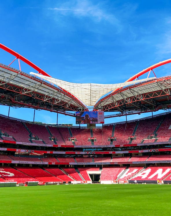 Benfica Stadium exterior with museum entrance in Lisbon, Portugal.