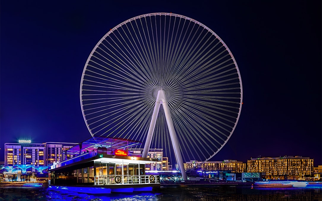 Ain Dubai Ferris wheel illuminated at night with a houseboat in the foreground.