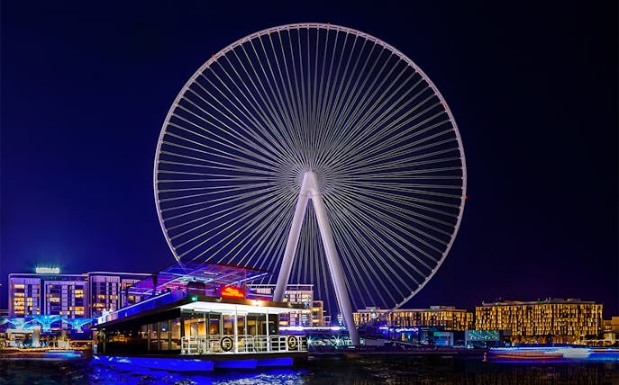 Ain Dubai Ferris wheel illuminated at night with a houseboat in the foreground.