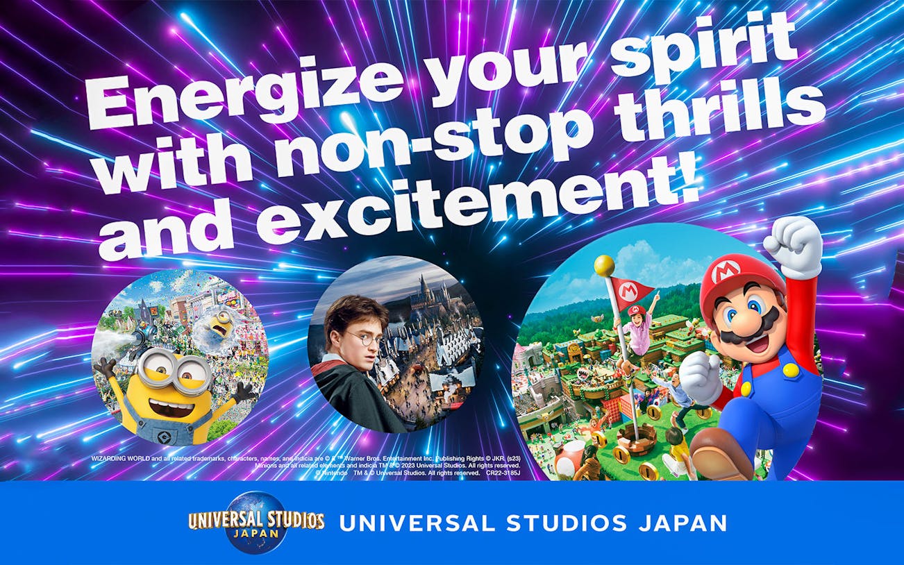 Universal Studios Japan attractions featuring Minions, Harry Potter, and Super Mario.