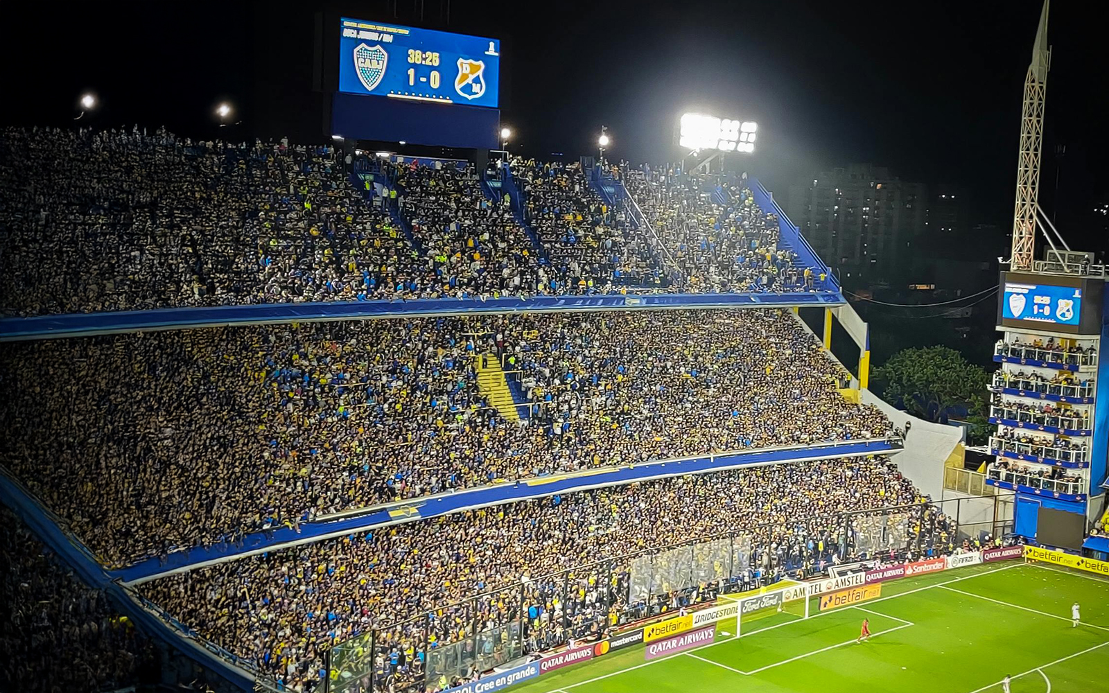 La Bombonera stadium filled with fans during a match day in Buenos Aires, Argentina.