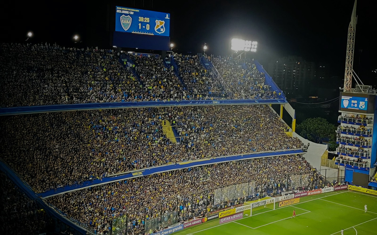 La Bombonera stadium filled with fans during a match day in Buenos Aires, Argentina.