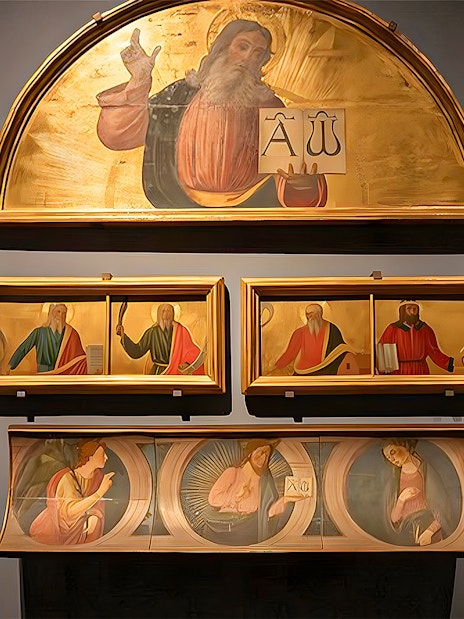 Paintings displayed at Accademia Gallery, Florence, featuring religious figures and scenes.