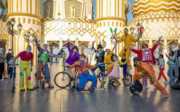 Clowns performing at Global Village Dubai with The Laughter Squad.