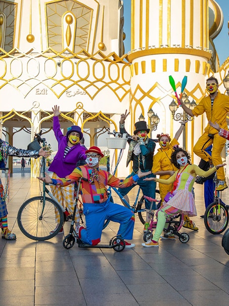 Clowns performing at Global Village Dubai with The Laughter Squad.
