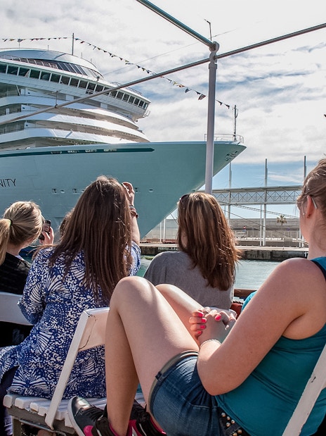 Tourists aboard Las Golondrinas viewing a large cruise ship in the harbor.
