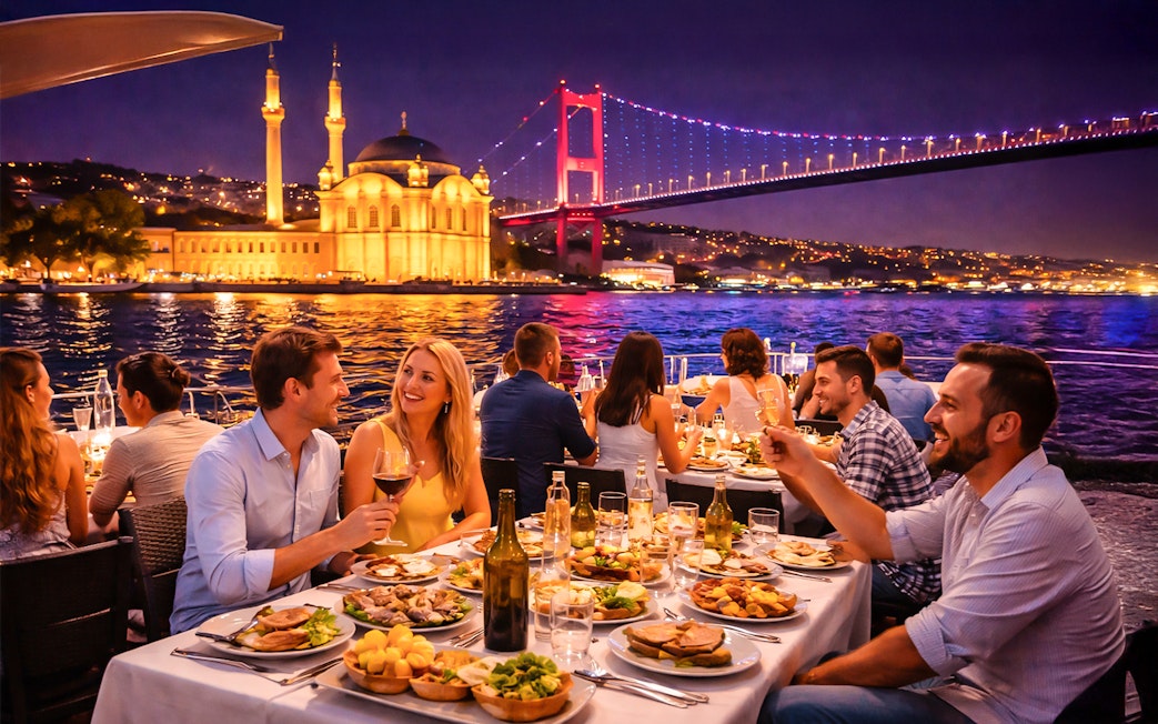 Dinner cruise on the Bosphorus with views of Hagia Sophia and illuminated bridge in Istanbul.