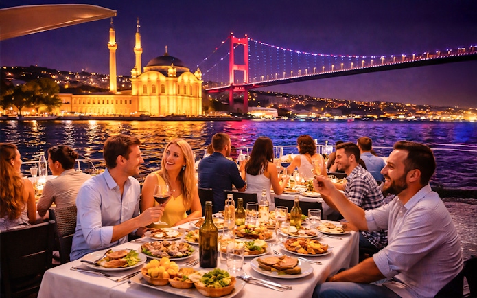 Dinner cruise on the Bosphorus with views of Hagia Sophia and illuminated bridge in Istanbul.