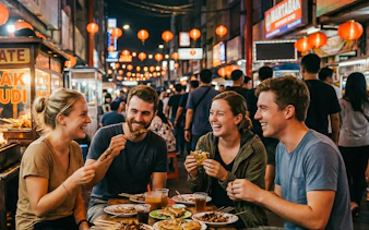 Group enjoying street food at night market in Jakarta's Chinatown Glodok during a guided tour.