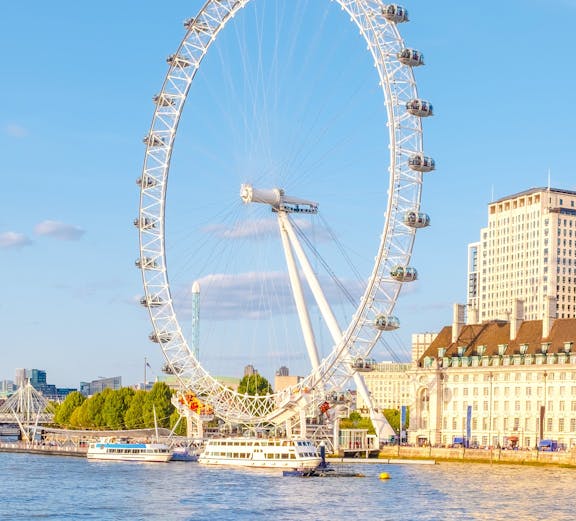 London Eye overlooking the Thames River at sunset.