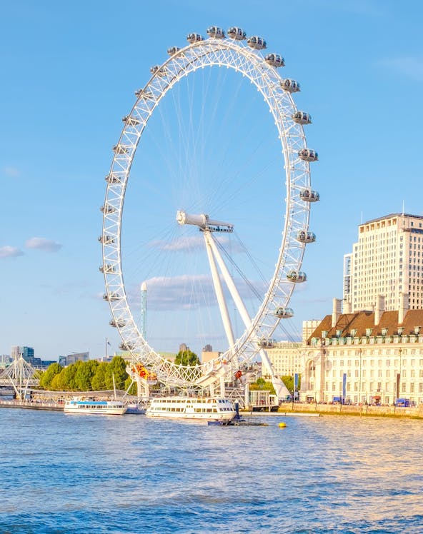 London Eye overlooking the Thames River at sunset.