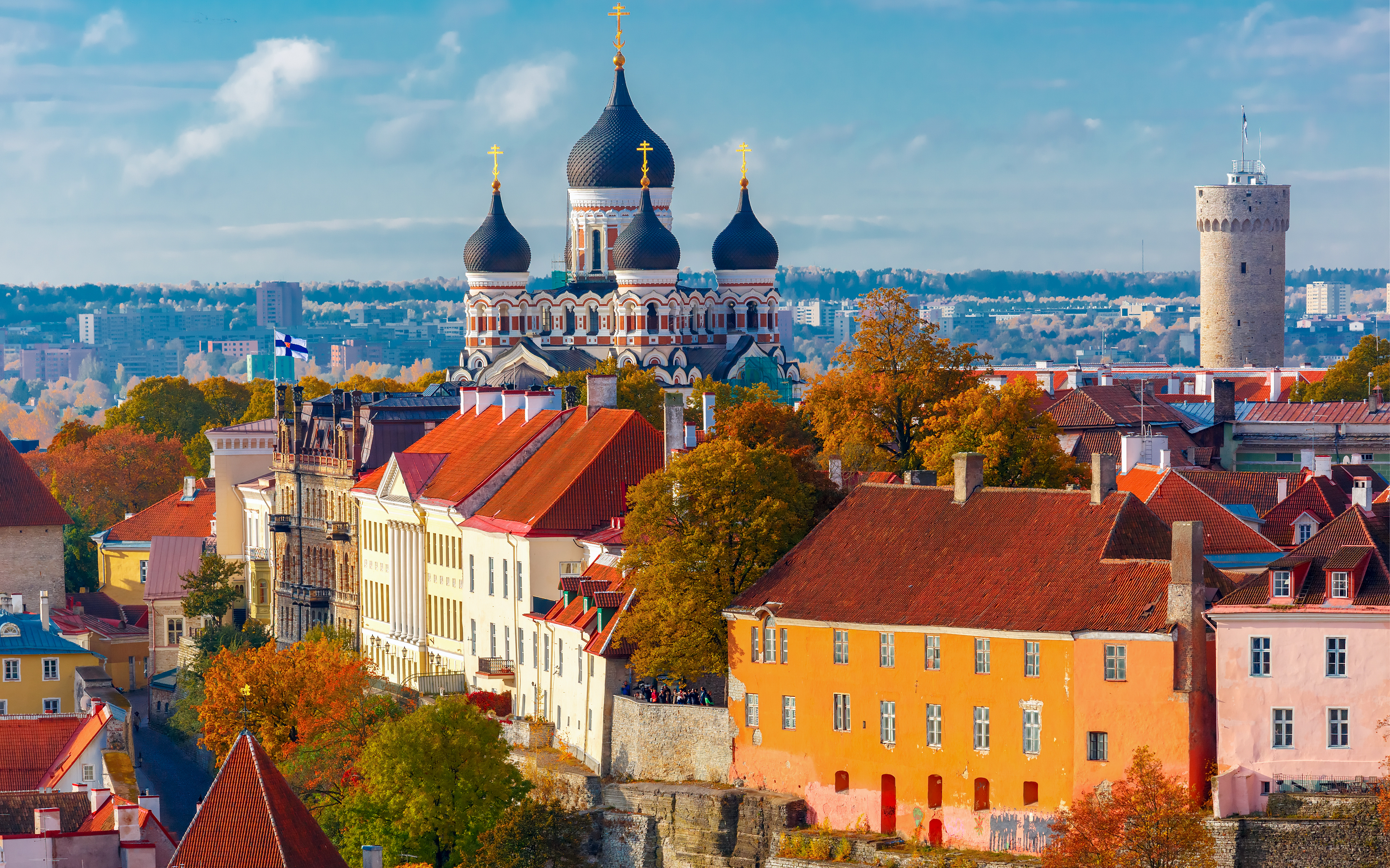 Aerial view of Tallinn's old town with Alexander Nevsky Cathedral and medieval towers, Estonia.