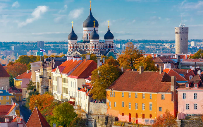 Aerial view of Tallinn's old town with Alexander Nevsky Cathedral and medieval towers, Estonia.