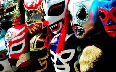 Colorful Lucha Libre masks on display at Arena Mexico.