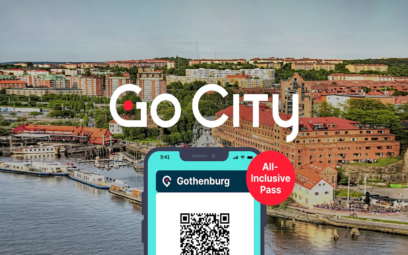 Gothenburg cityscape with Go City All-Inclusive Pass QR code.