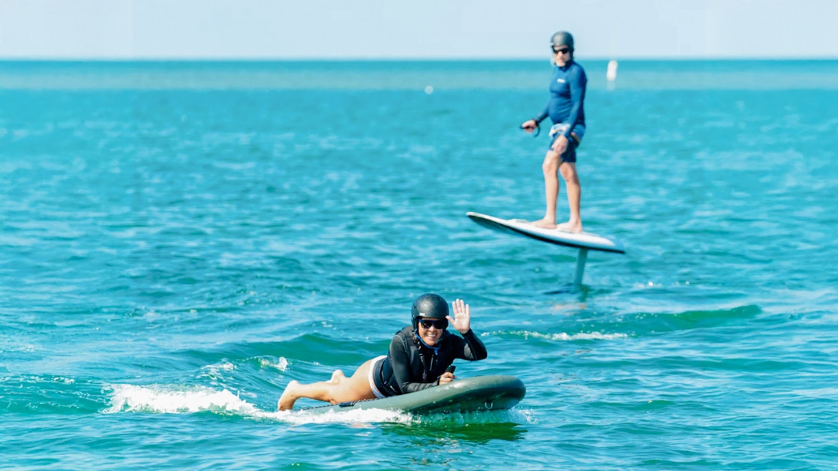 Wakeboarding and efoiling on the water in Dubai.