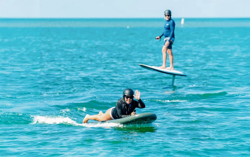 Wakeboarding and efoiling on the water in Dubai.