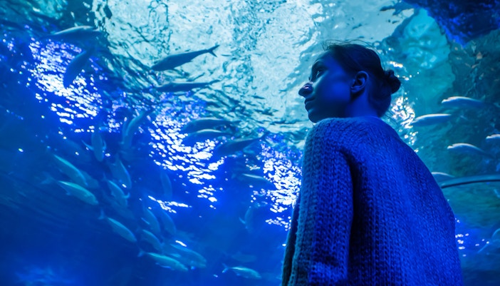 Woman observing fish in aquarium tunnel wearing a sweater.