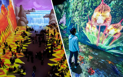 Visitors at David Hockney exhibit viewing vibrant nature scene projections.