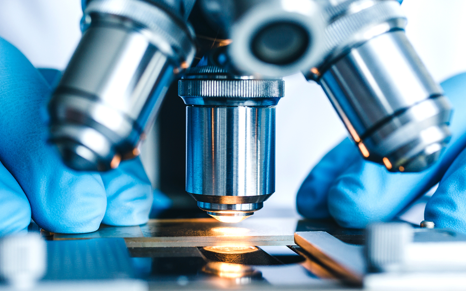 Microscope lens focused on a slide with gloved hands adjusting.