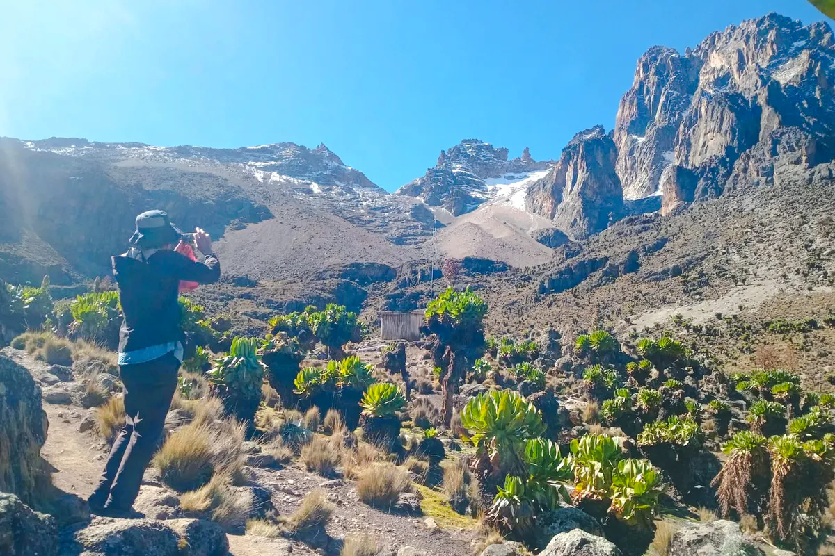Hiker photographing Mount Kenya's rugged peaks and vegetation on a clear day.