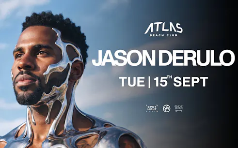Promotional poster for Jason Derulo event at Atlas Beach Club on September 15th.