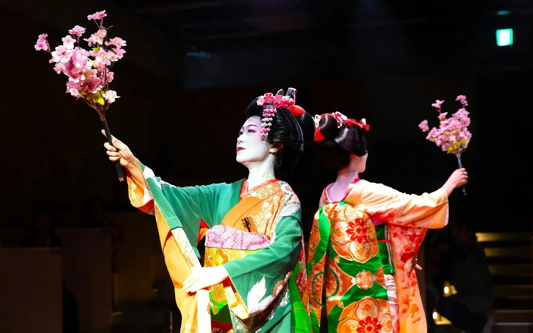 Geishas performing traditional dance with cherry blossoms at Kyoto Sumo Entertainment Show.
